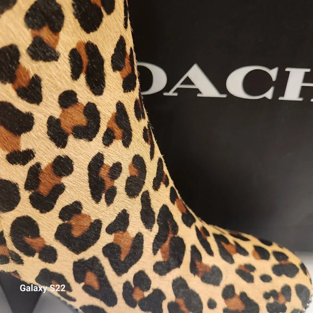 COACH Brown Drea Beadchain Leopard Block Heel Almond Toe Ankle Boots Booties 5 - Picture 5 of 14